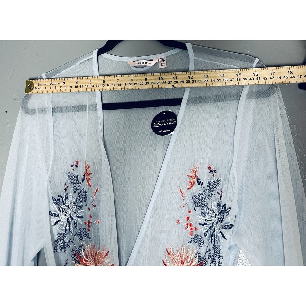 La Vie En Rose Embroidered Blue Robe With‎ Lace Detail Size S/M - Picture 9 of 12